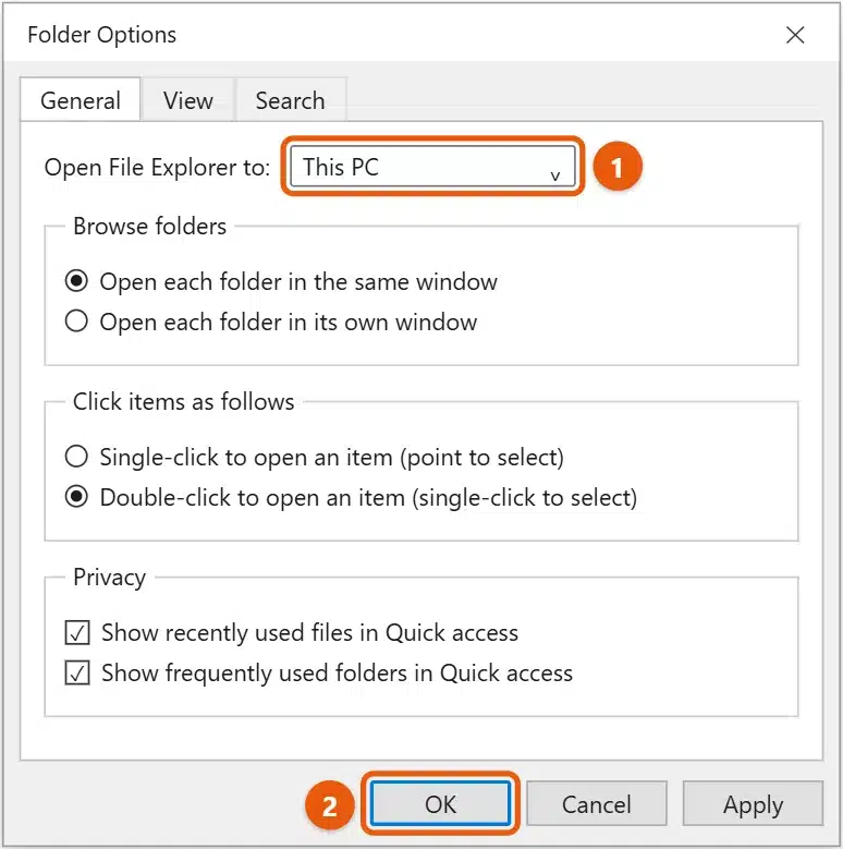 How to Find My Computer on Windows 10 1 Windows 10 Folder Options dialog with Open File Explorer to set to This PC and the OK button highlighted