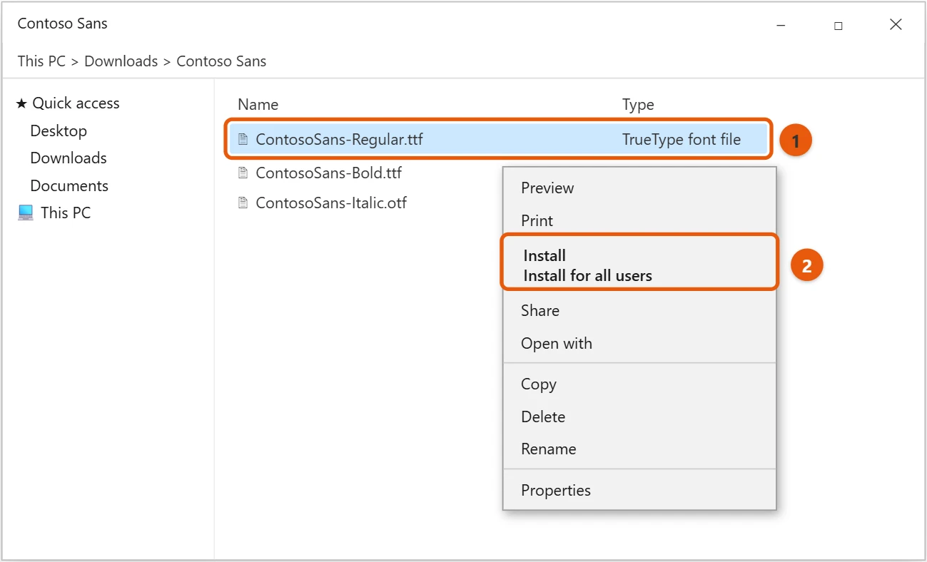 How to Install Fonts in Windows 10 (and Remove Them) 1 Windows 10 File Explorer with a font file right-clicked and Install and Install for all users highlighted