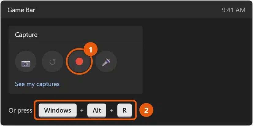 How to Record Your Screen in Windows 10 (Shortcut) 1 Windows 10 Game Bar Capture widget with the Start recording button highlighted and the Windows plus Alt plus R shortcut shown