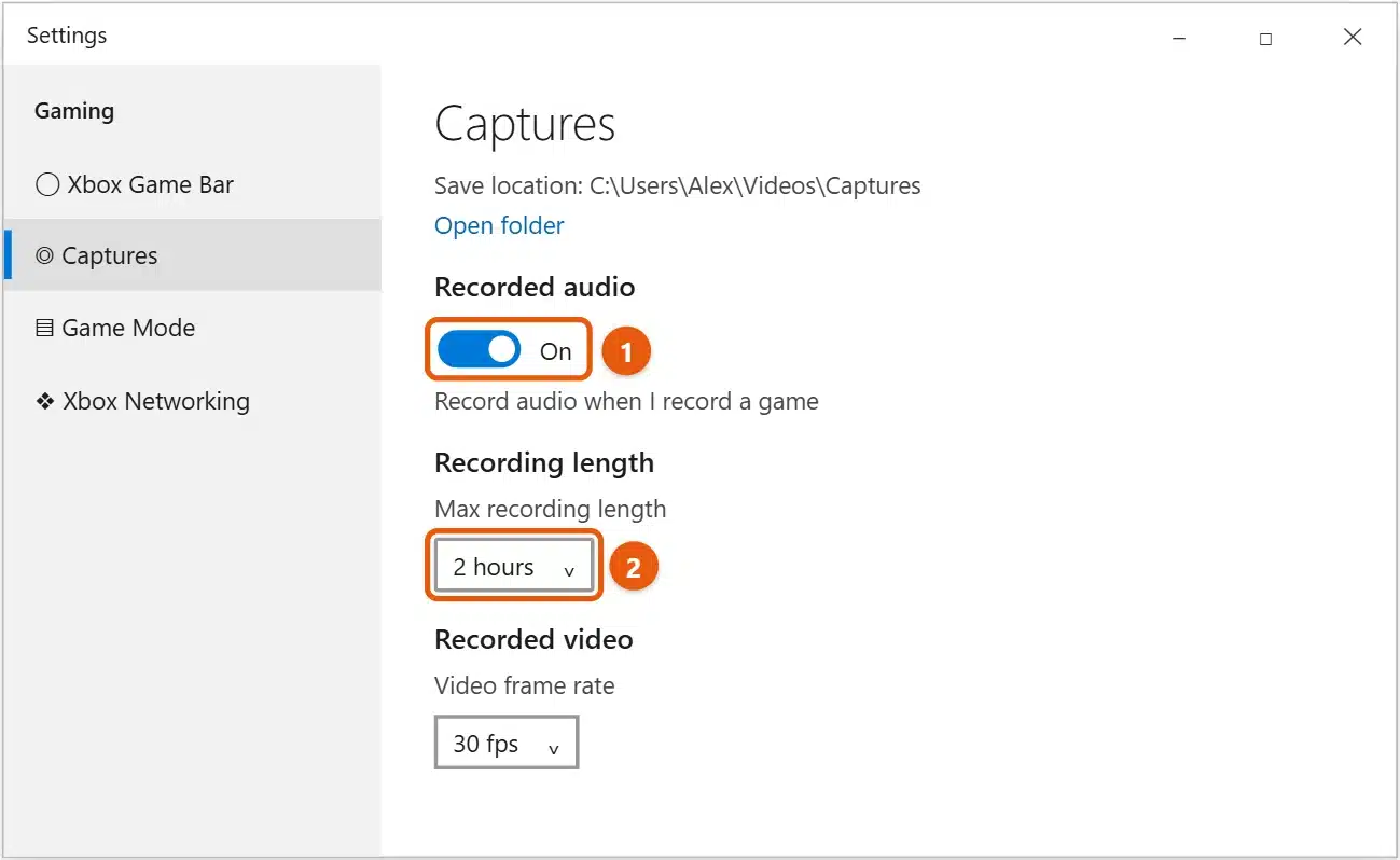 How to Record Your Screen in Windows 10 (Shortcut) 2 Windows 10 Settings Gaming Captures page with Record audio when I record a game turned on and Max recording length set to 2 hours