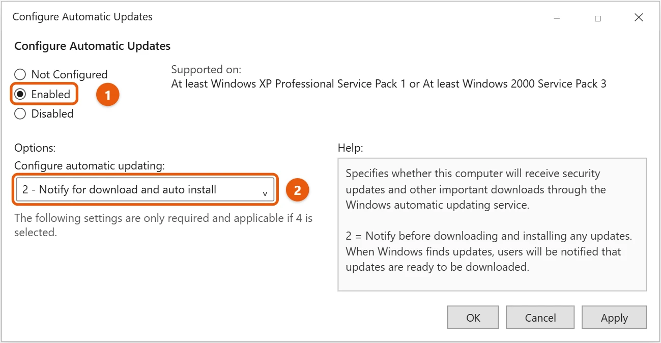 How to Turn Off Automatic Updates in Windows 10 2 Windows 10 Group Policy Configure Automatic Updates with Enabled and Notify for download and auto install highlighted