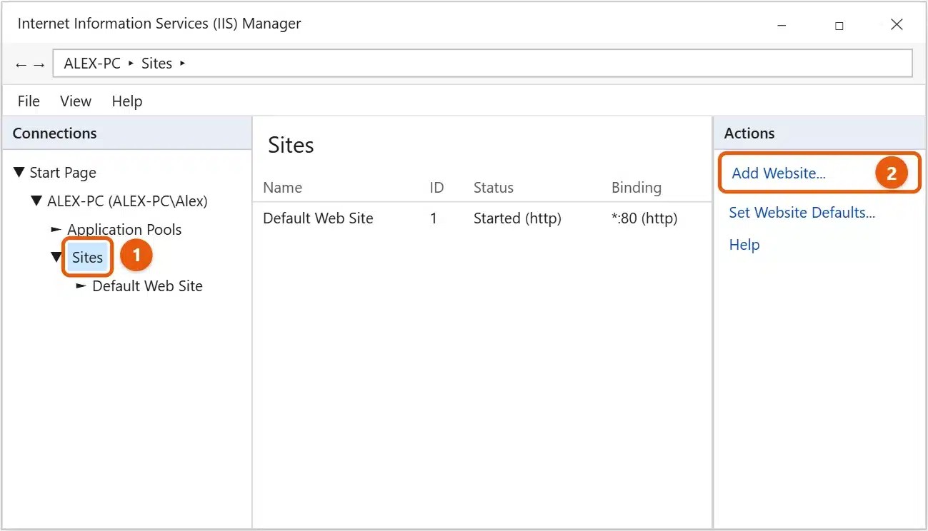 How to Enable IIS in Windows 10 2 Windows 10 IIS Manager with Sites selected in the Connections pane and Add Website highlighted in the Actions pane