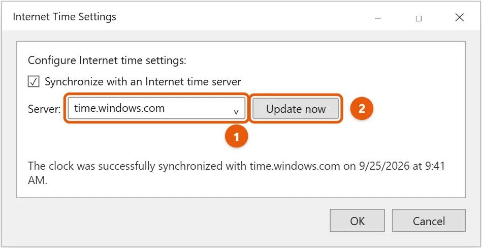 How to Change the Date and Time in Windows 10 2 Windows 10 Internet Time Settings with the time server box and Update now button highlighted