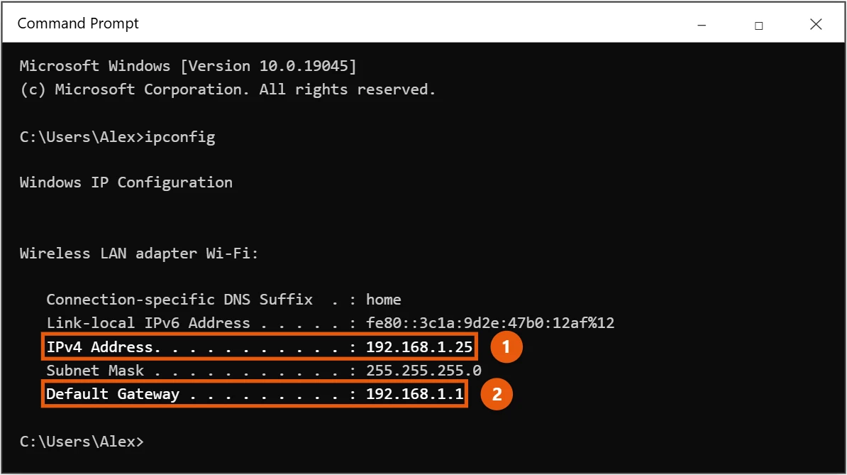 How to Find Your IP Address in Windows 10 2 Windows 10 Command Prompt showing ipconfig results with the IPv4 Address and Default Gateway highlighted