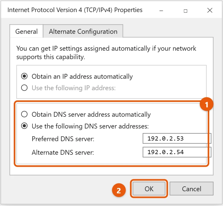 How to Change DNS in Windows 10 2 Windows 10 IPv4 Properties with Use the following DNS server addresses selected and two DNS servers entered