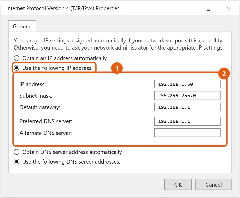 How to Change Your IP Address in Windows 10 2 Windows 10 Internet Protocol Version 4 Properties with Use the following IP address selected and the address fields highlighted