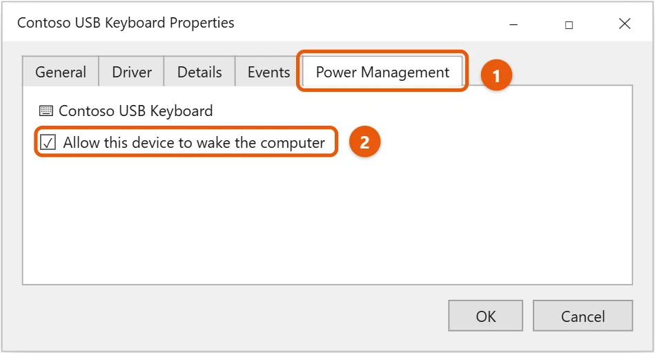 How to Wake Up Windows 10 from Sleep 1 Windows 10 keyboard Properties Power Management tab with Allow this device to wake the computer checked and highlighted