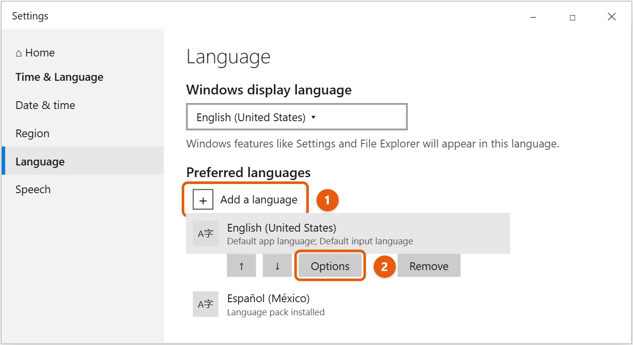 How to Change the Keyboard Language in Windows 10 1 Windows 10 Language settings with Add a language and the Options button highlighted