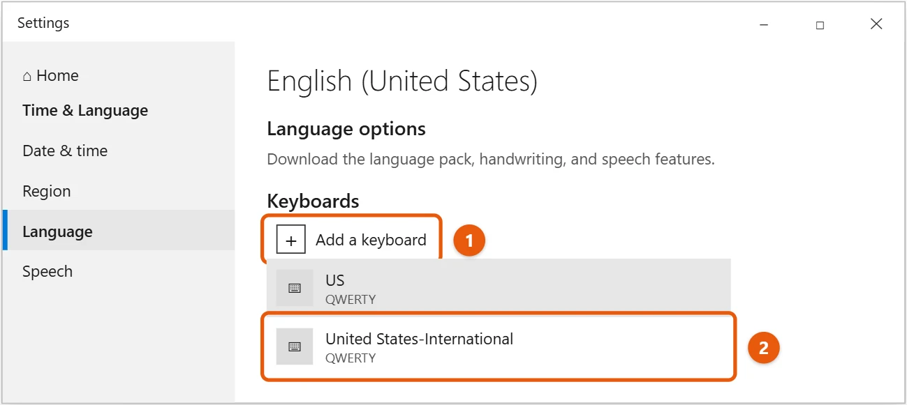 How to Change the Keyboard Language in Windows 10 2 Windows 10 Language options page with Add a keyboard and the United States-International layout highlighted