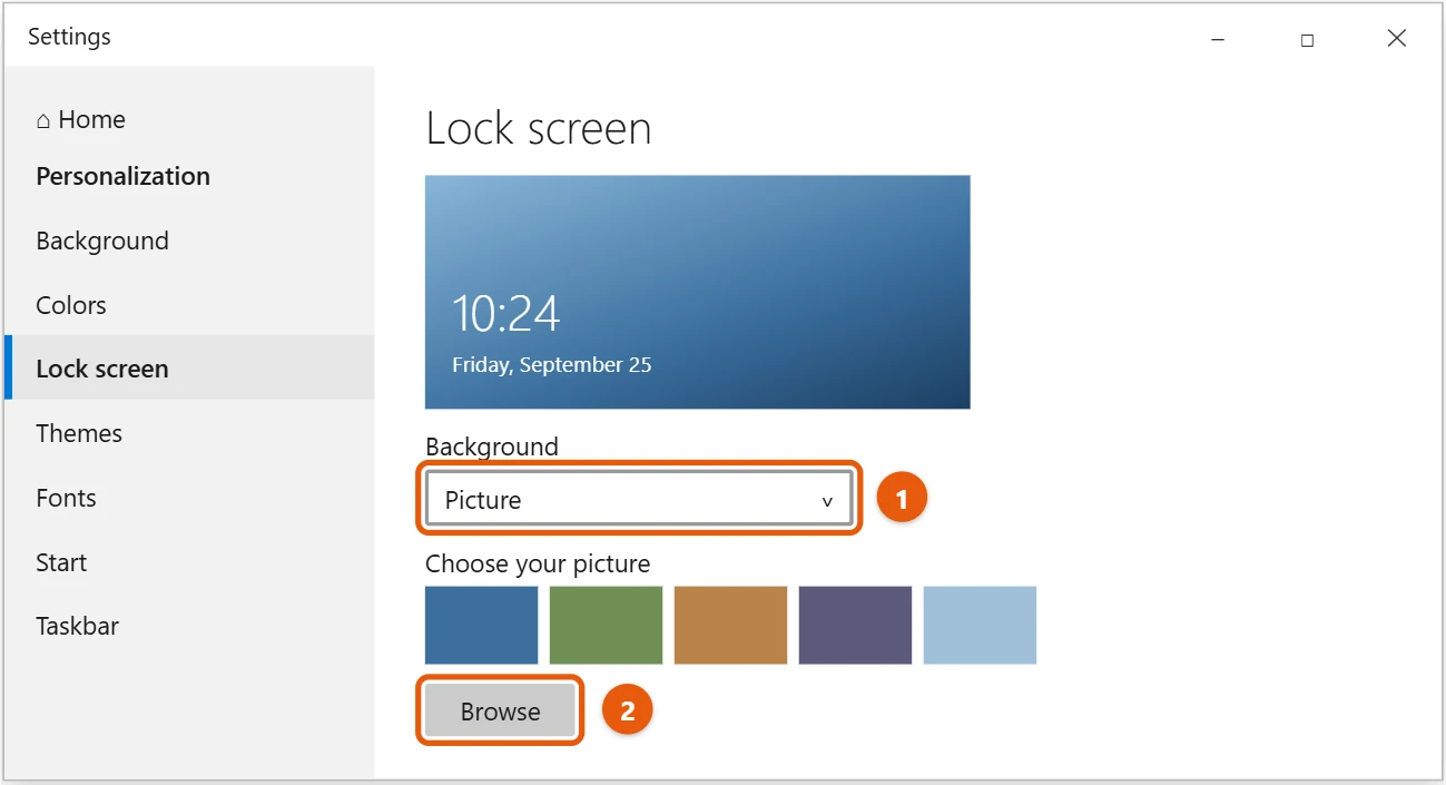 How to Change the Lock Screen in Windows 10 1 Windows 10 Lock screen settings with Background set to Picture and the Browse button highlighted