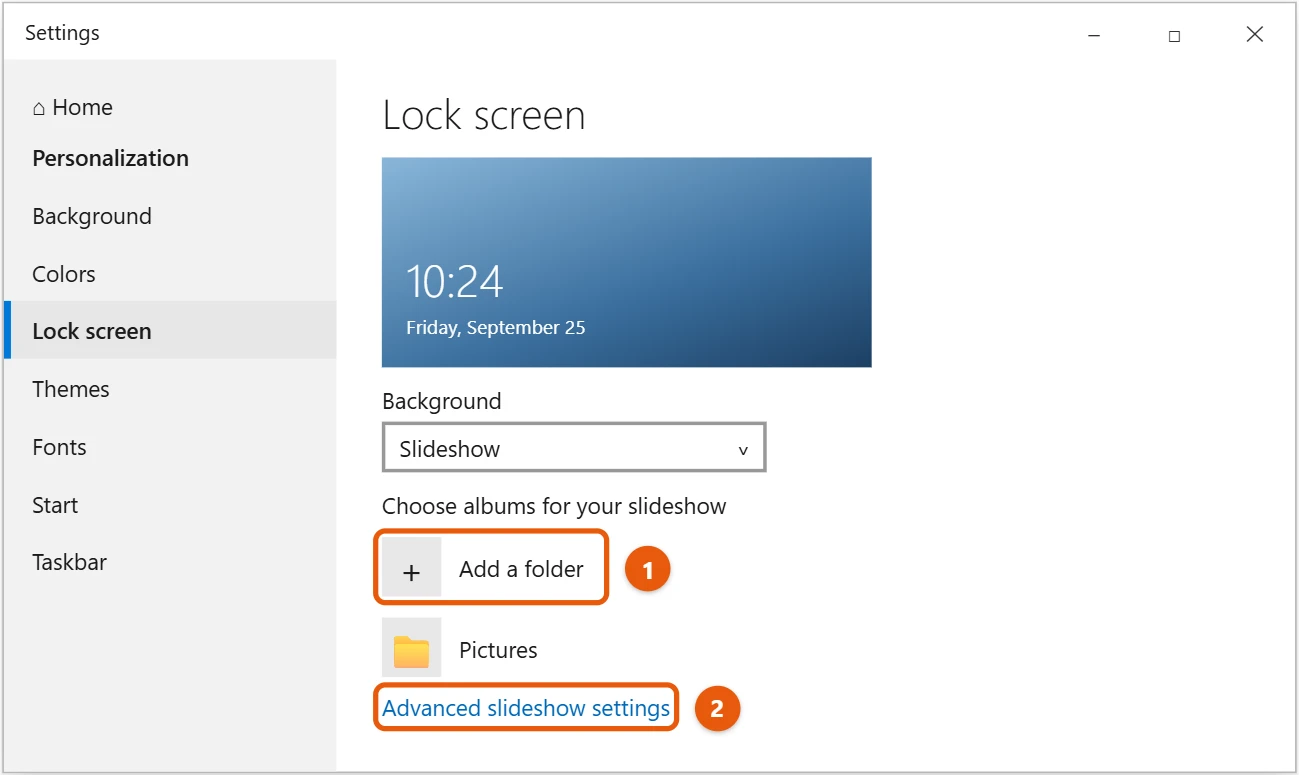 How to Change the Lock Screen in Windows 10 2 Windows 10 Lock screen settings with Slideshow selected, Add a folder and Advanced slideshow settings highlighted