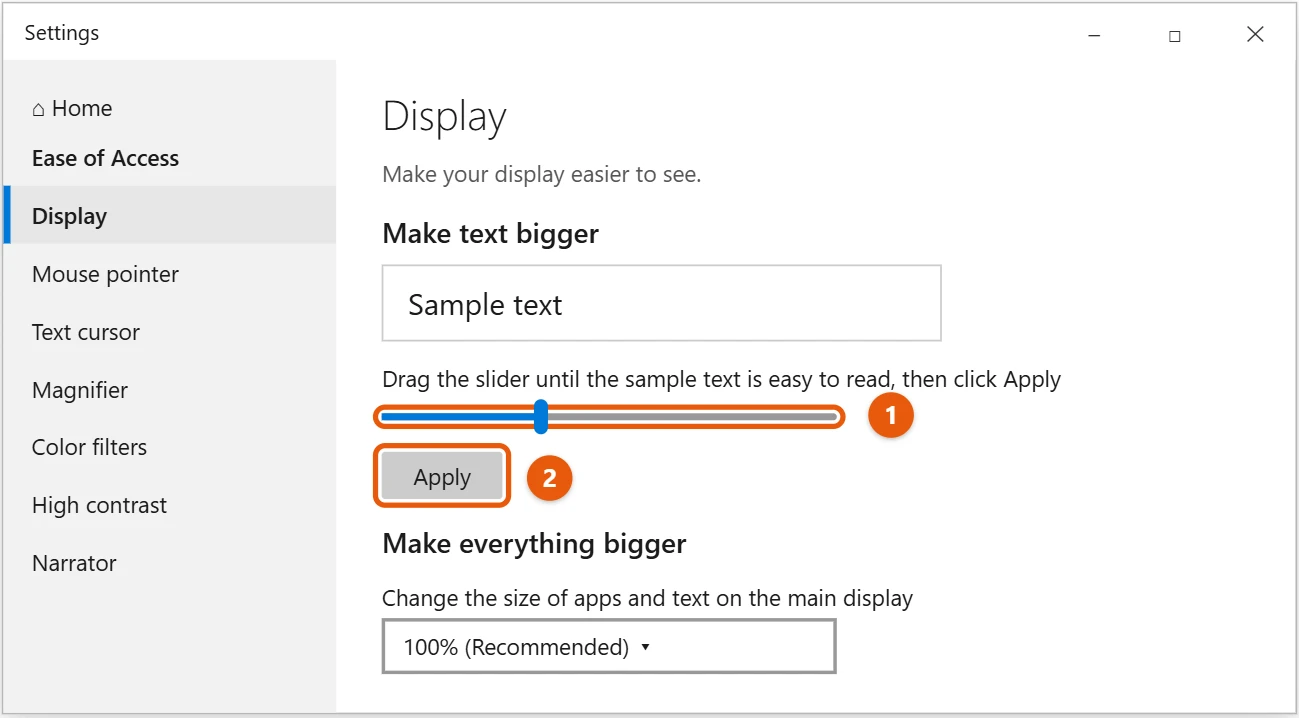 How to Increase the Font Size in Windows 10 1 Windows 10 Ease of Access Display settings with the Make text bigger slider and Apply button highlighted