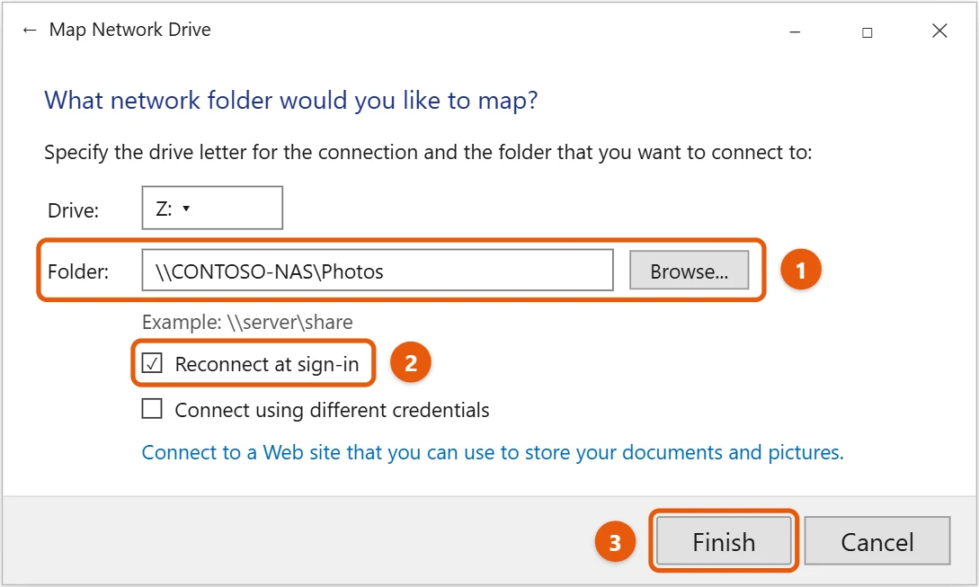 How to Map a Network Drive in Windows 10 2 Windows 10 Map Network Drive window with a fictional folder path, Reconnect at sign-in checked, and Finish highlighted