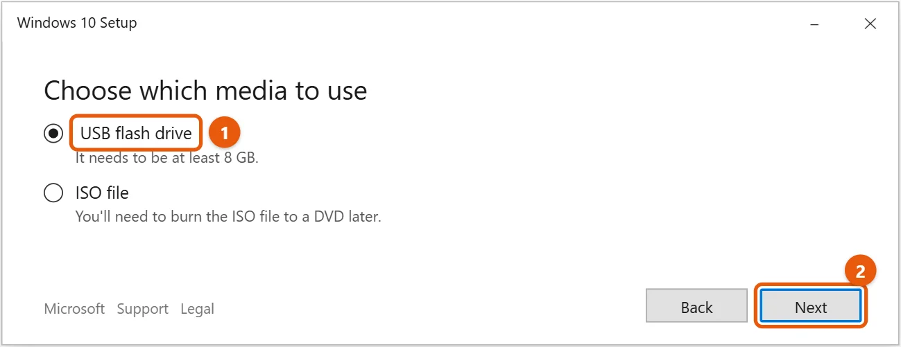 How to Create a Bootable Windows 10 USB Drive 2 Media Creation Tool Choose which media to use screen with USB flash drive selected