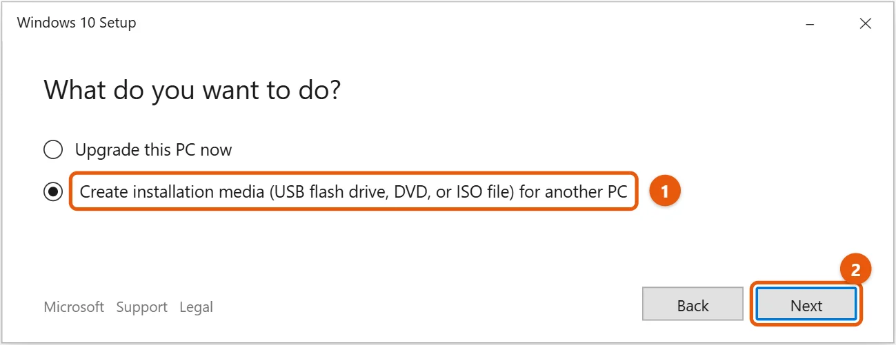 How to Create a Bootable Windows 10 USB Drive 1 Windows 10 Media Creation Tool asking What do you want to do, with Create installation media for another PC selected
