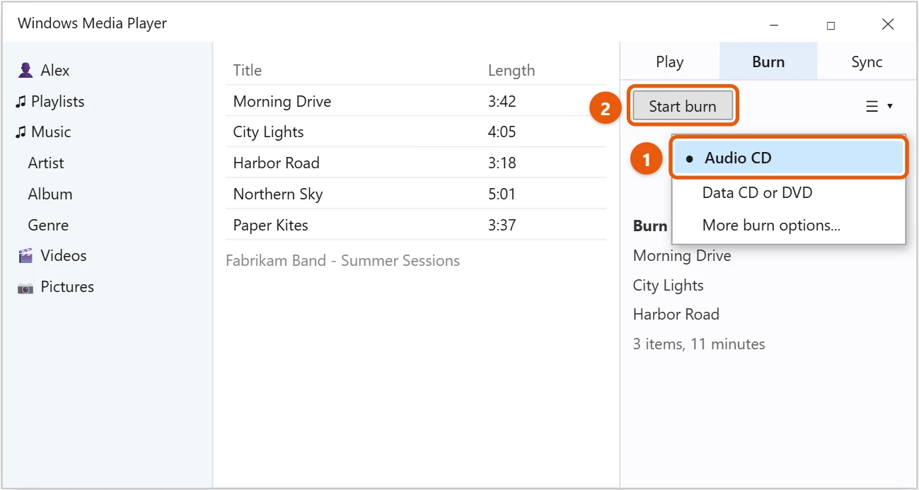 How to Burn a CD or DVD in Windows 10 2 Windows Media Player Burn tab with Burn options set to Audio CD and Start burn highlighted