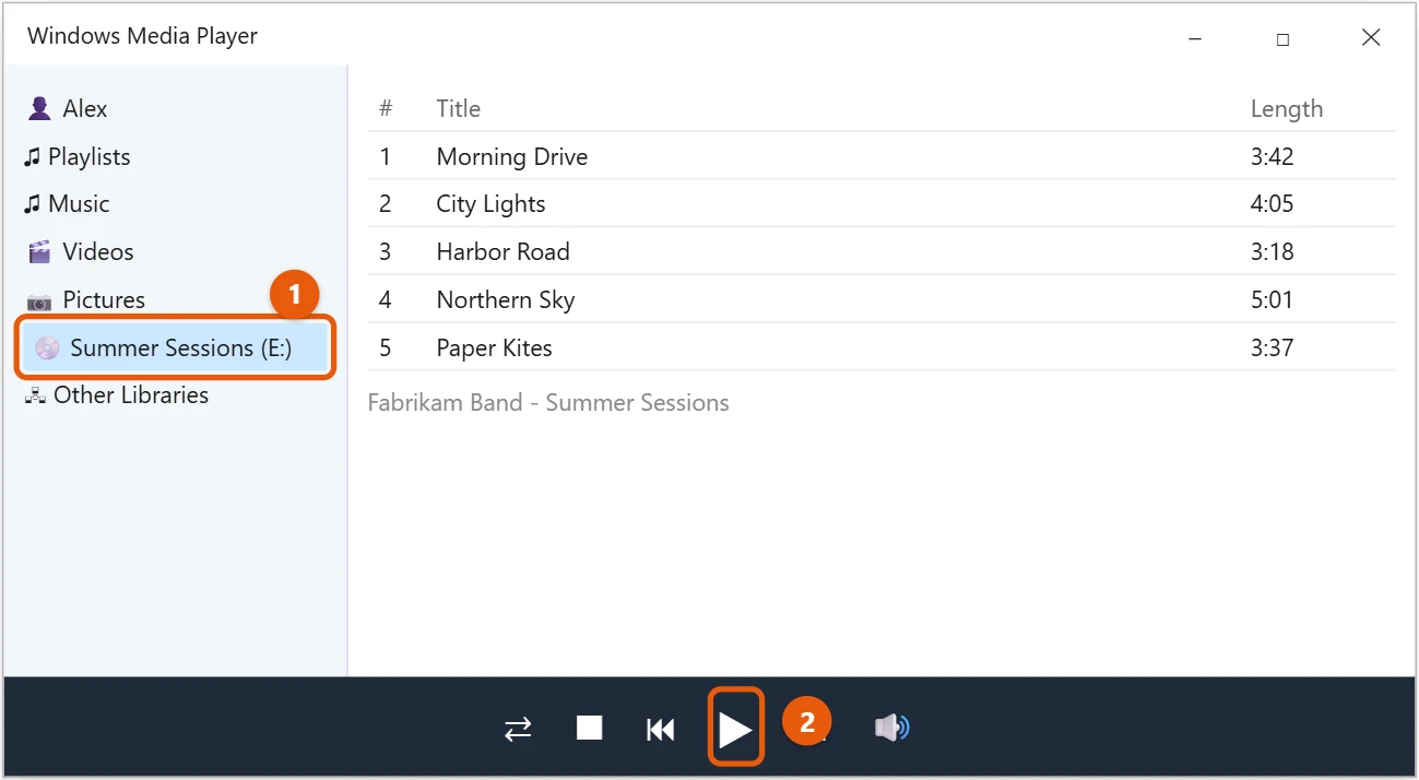 How to Play a CD on Windows 10 1 Windows Media Player with a fictional audio CD selected and the Play button highlighted