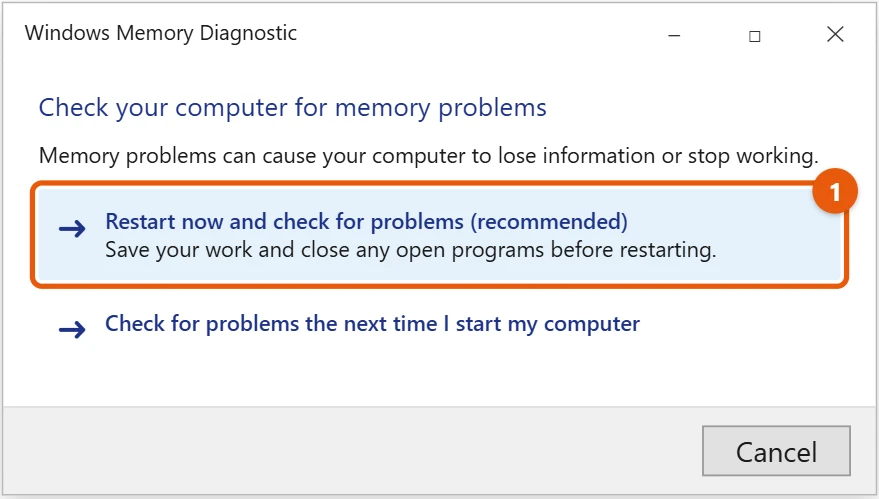 How to Test Your RAM in Windows 10 1 Windows 10 Windows Memory Diagnostic window with Restart now and check for problems highlighted