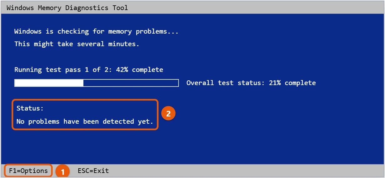 How to Test Your RAM in Windows 10 2 Windows Memory Diagnostics Tool test screen showing progress and the F1 Options key highlighted
