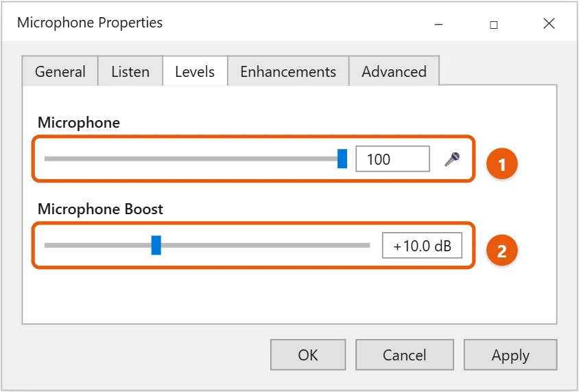 How to Turn Up Mic Volume in Windows 10 1 Windows 10 Microphone Properties Levels tab with the Microphone level and Microphone Boost sliders highlighted