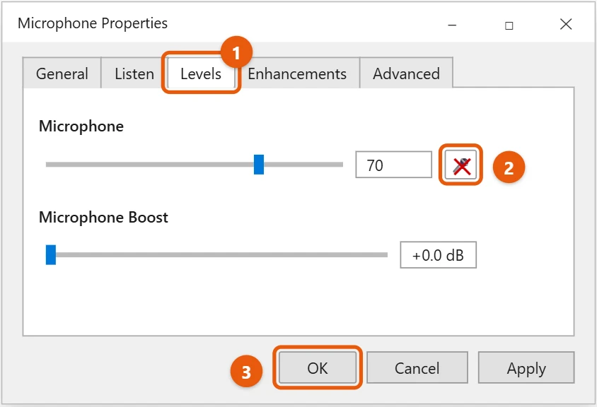 How to Mute Your Microphone in Windows 10 1 Windows 10 Microphone Properties Levels tab with the mute button and OK highlighted