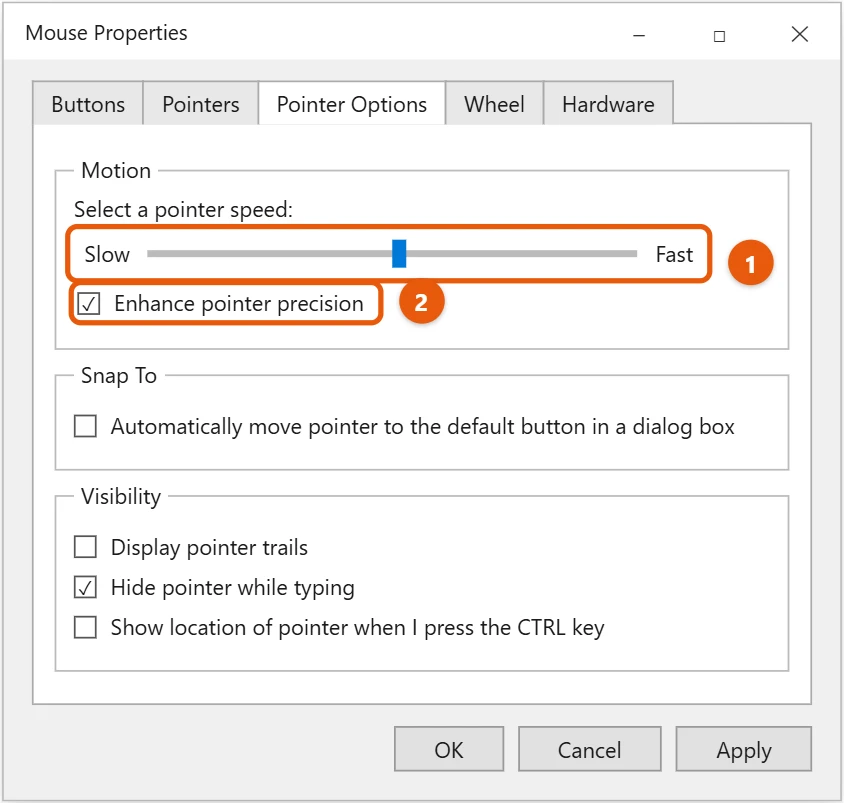 How to Change Mouse Sensitivity in Windows 10 2 Windows 10 Mouse Properties Pointer Options tab with the pointer speed slider and Enhance pointer precision highlighted