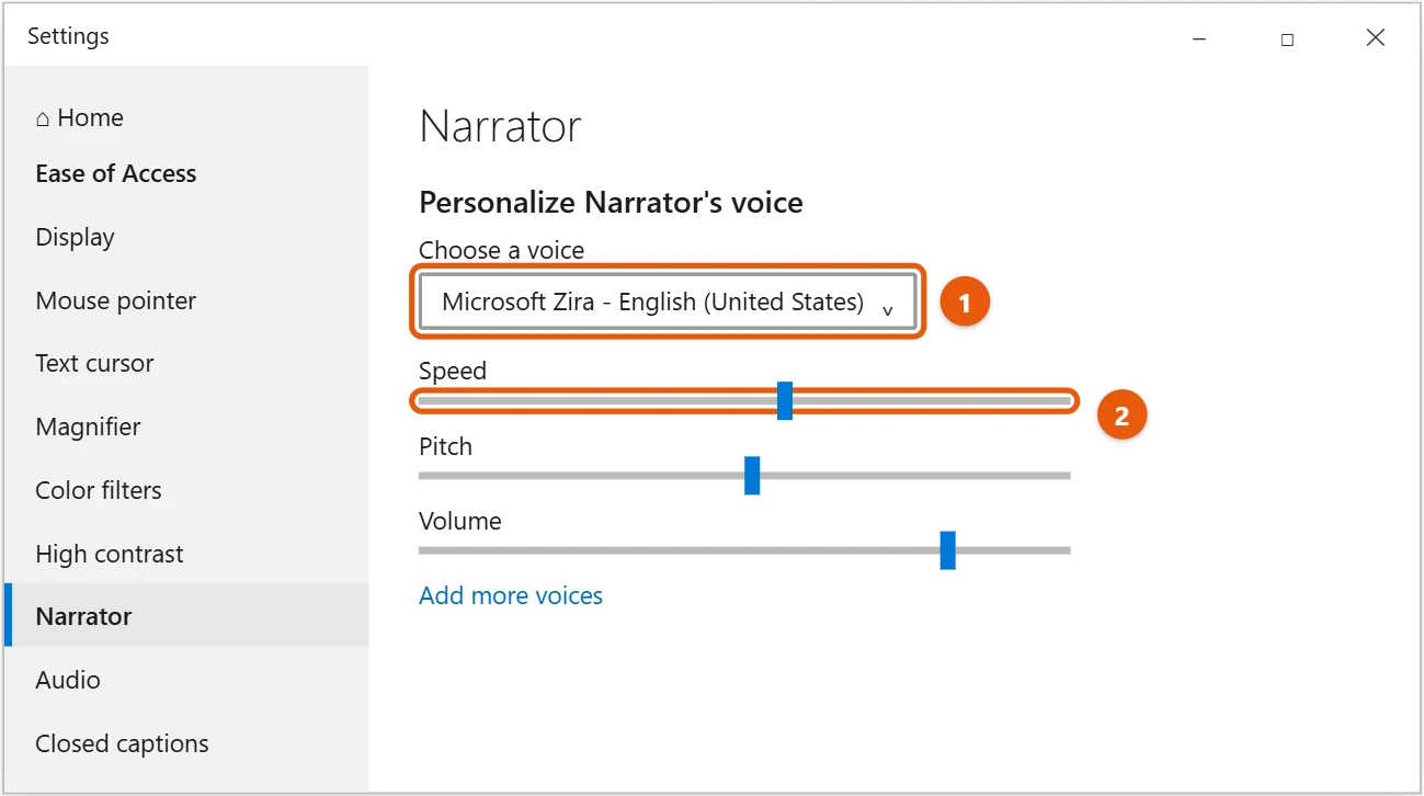 How to Turn On Text-to-Speech (Narrator) in Windows 10 2 Windows 10 Narrator voice settings with the voice menu and Speed slider highlighted