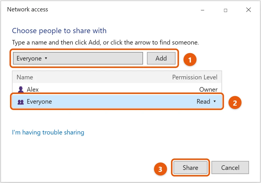 How to Share Folders in Windows 10 2 Windows 10 Network access dialog with Everyone added at Read permission and Share highlighted