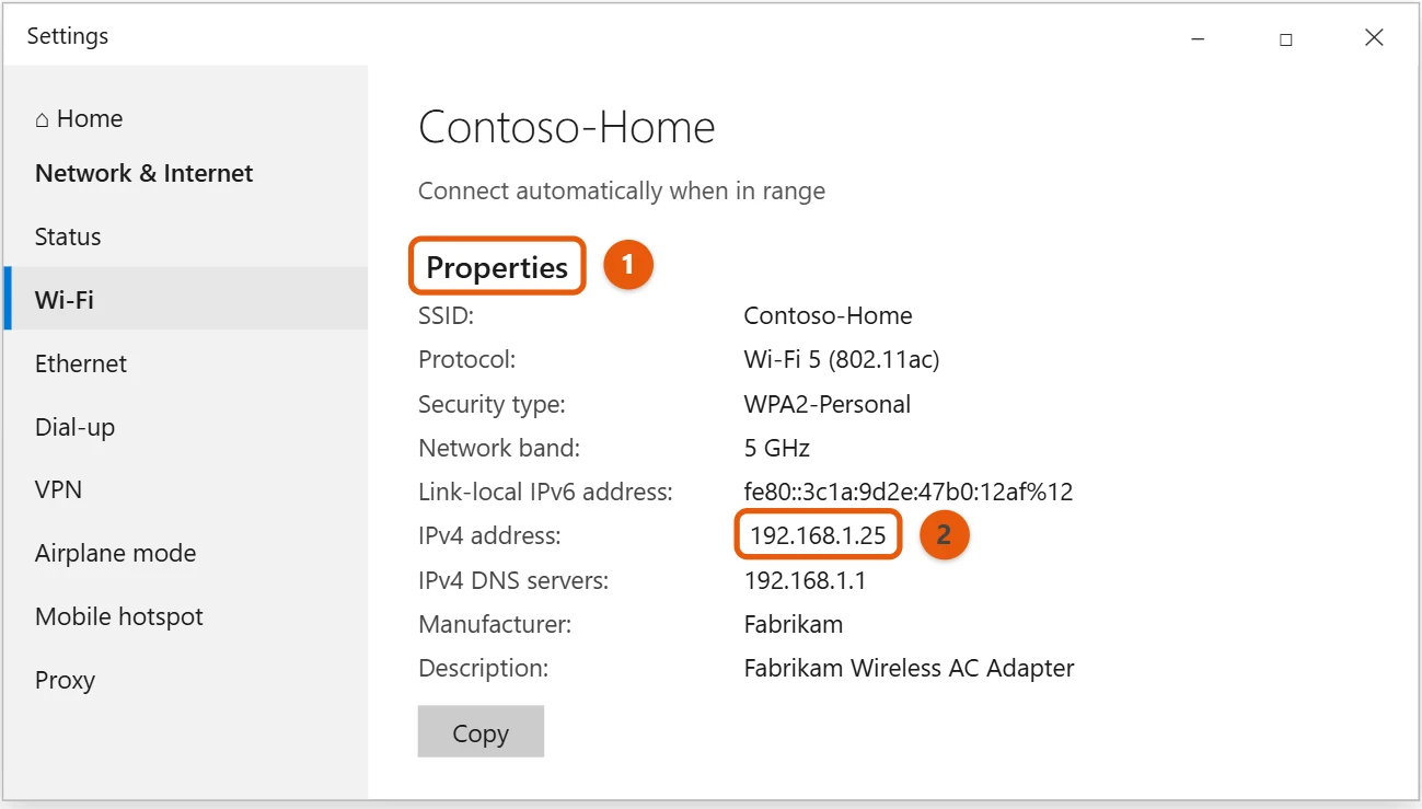 How to Find Your IP Address in Windows 10 1 Windows 10 network properties page with the IPv4 address highlighted