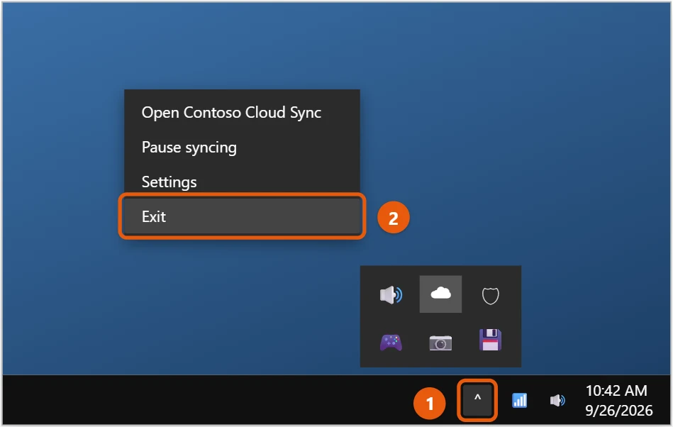 How to Close Apps Running in the Background on Windows 10 2 Windows 10 hidden icons area with an app menu open and Exit highlighted