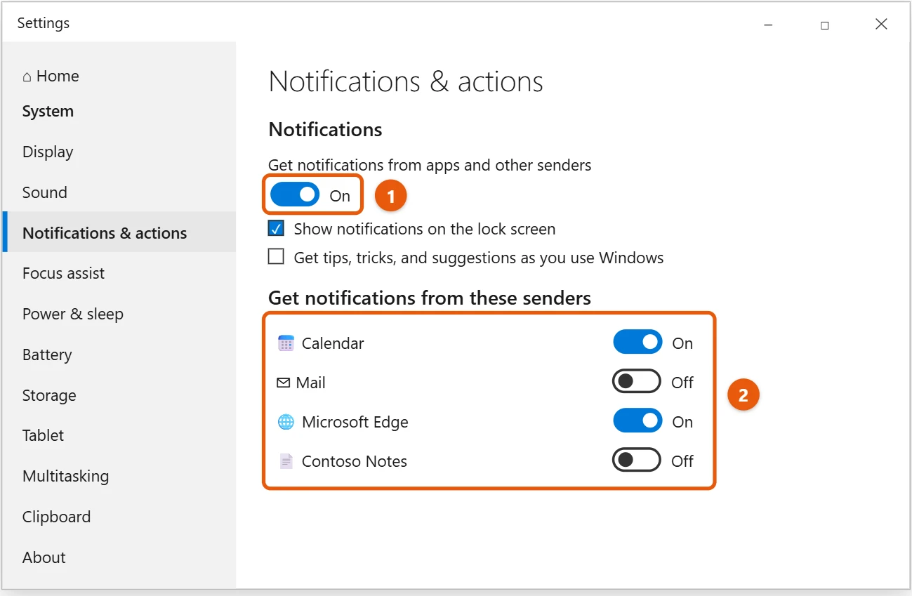 How to Turn Off Notifications in Windows 10 1 Windows 10 Settings Notifications and actions page with the main switch and per-app switches highlighted
