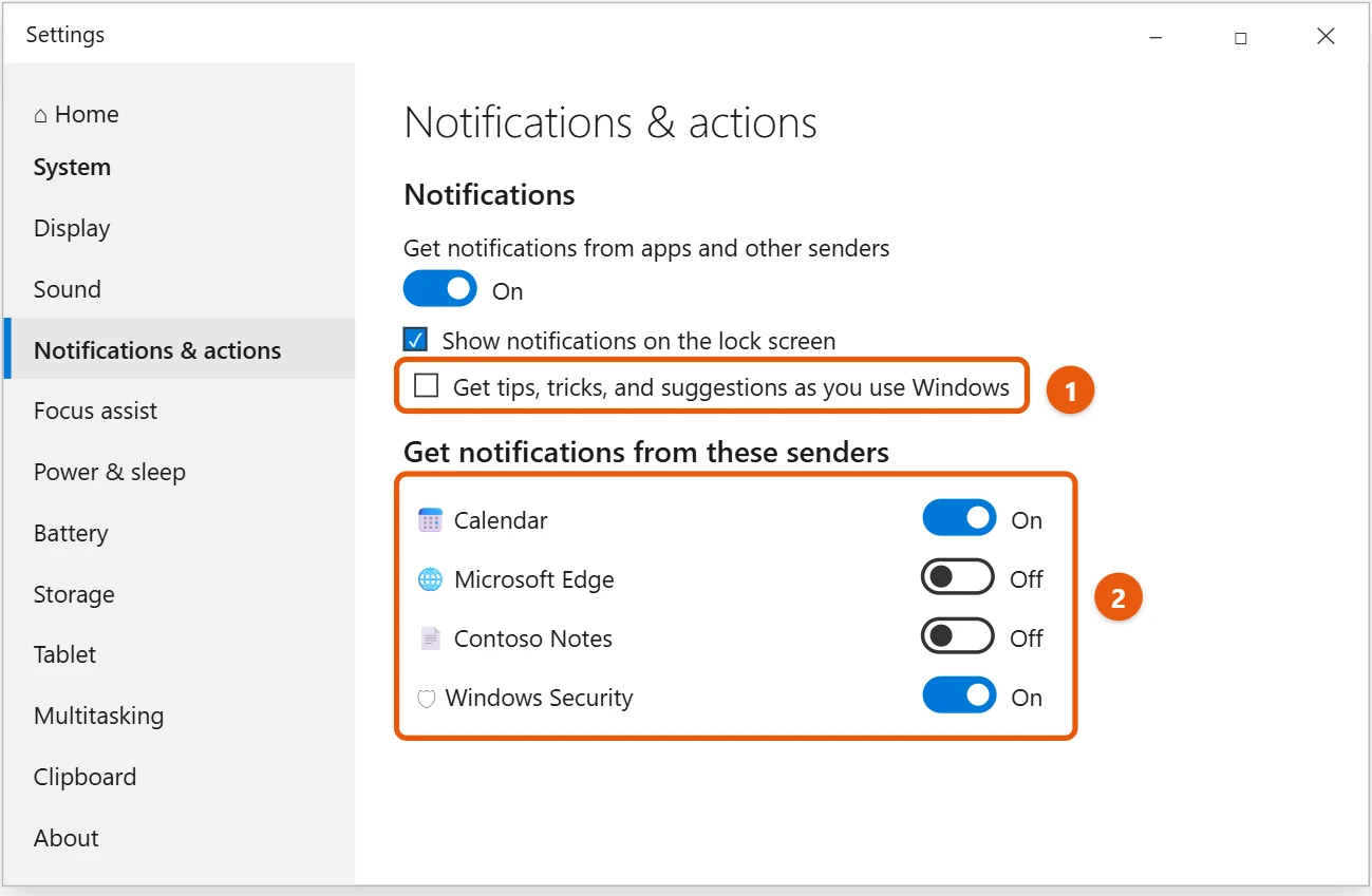 How to Stop Pop-Ups on Windows 10 1 Windows 10 Notifications and actions settings with the tips checkbox and the app list highlighted