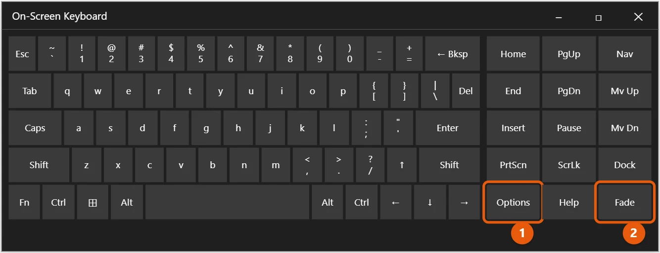 How to Open the On-Screen Keyboard in Windows 10 2 Windows 10 On-Screen Keyboard with the Options and Fade keys highlighted