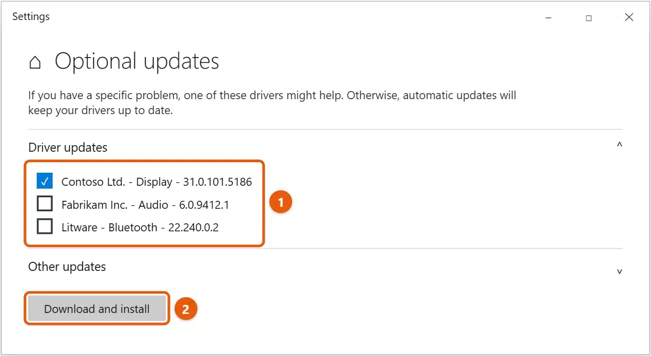 How to Update All Drivers on Windows 10 1 Windows 10 Optional updates page with Driver updates expanded, a driver selected, and the Download and install button highlighted