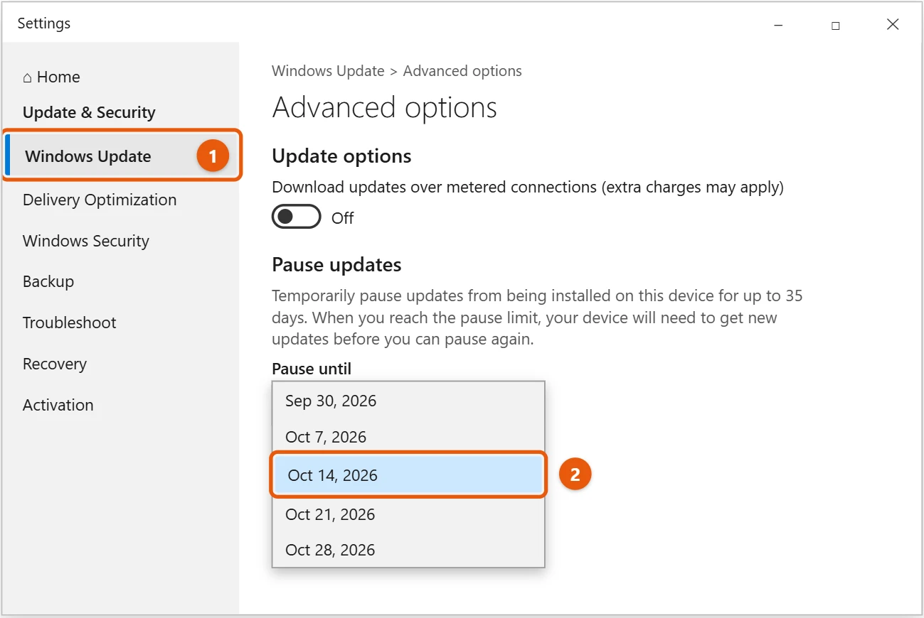 How to Turn Off Automatic Updates in Windows 10 1 Windows 10 Windows Update Advanced options with the Pause until date list open and a date highlighted