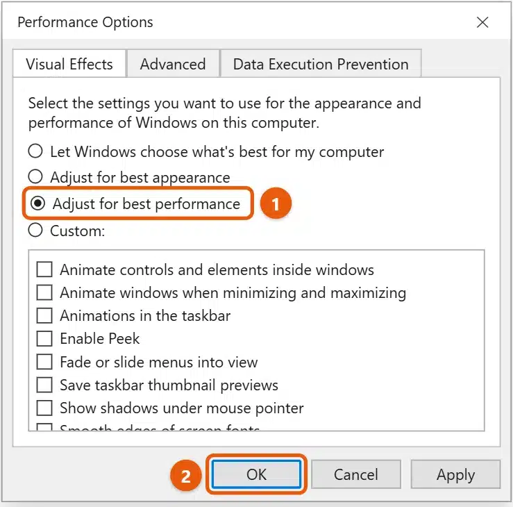 How to Change Performance Settings in Windows 10 1 Windows 10 Performance Options dialog with Adjust for best performance selected on the Visual Effects tab and the OK button highlighted