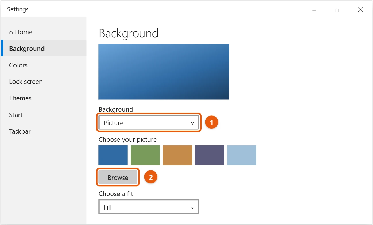 How to Change the Wallpaper in Windows 10 1 Windows 10 Settings Background page with Picture selected and the Browse button highlighted