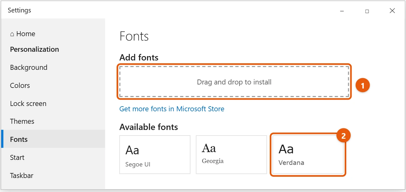 How to Change Fonts in Windows 10 2 Windows 10 Fonts settings with the drag and drop area and a font highlighted