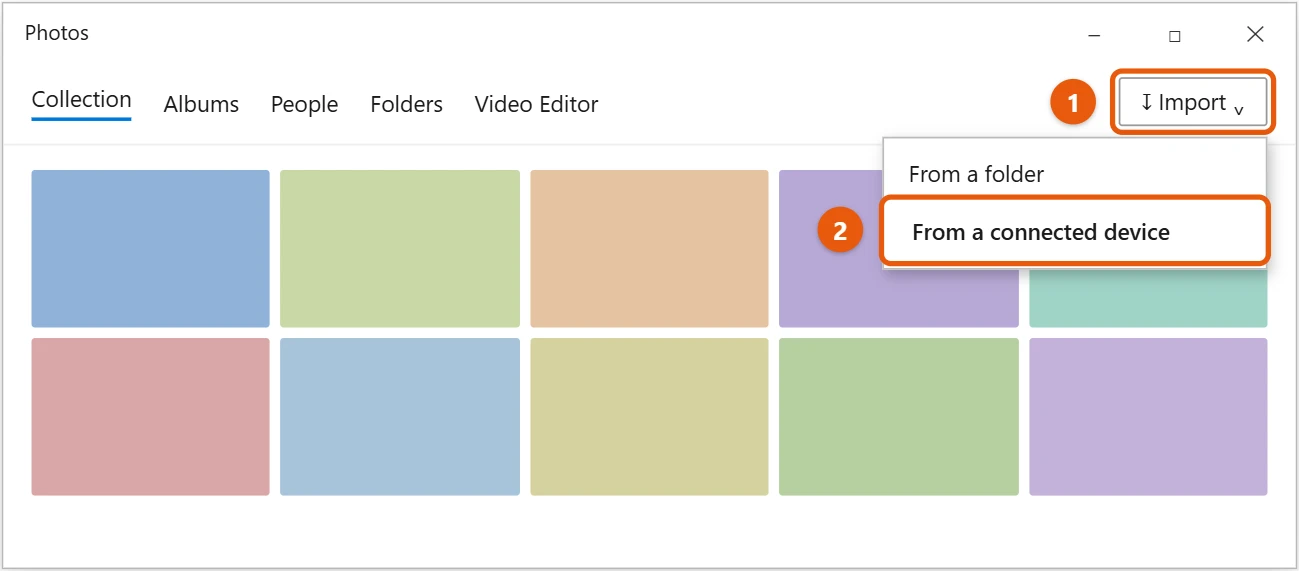 How to Transfer Photos from iPhone to PC in Windows 10 1 Windows 10 Photos app with the Import menu open and From a connected device highlighted