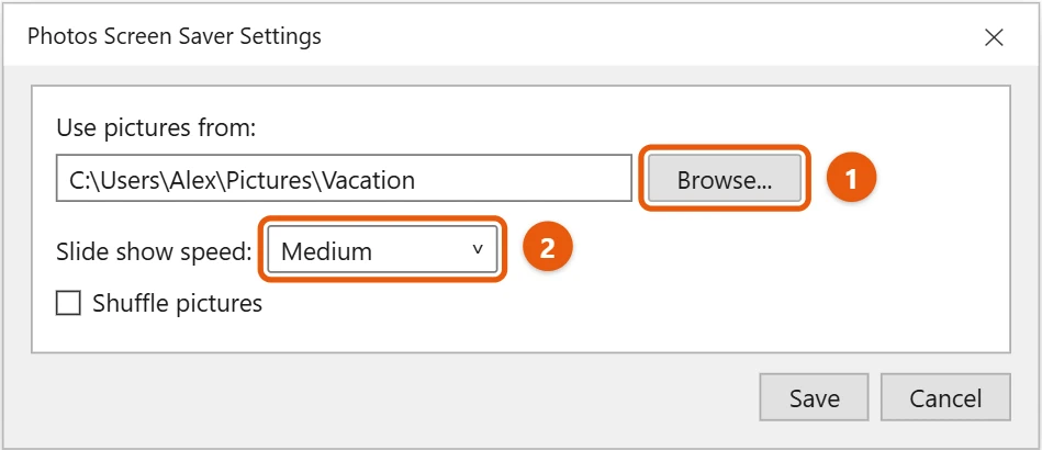 How to Set a Screen Saver in Windows 10 2 Windows 10 Photos Screen Saver Settings with the Browse button and Slide show speed highlighted
