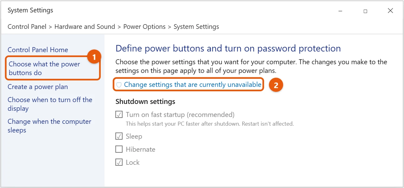 How to Turn Fast Startup On or Off in Windows 10 1 Windows 10 Power Options System Settings with Change settings that are currently unavailable highlighted
