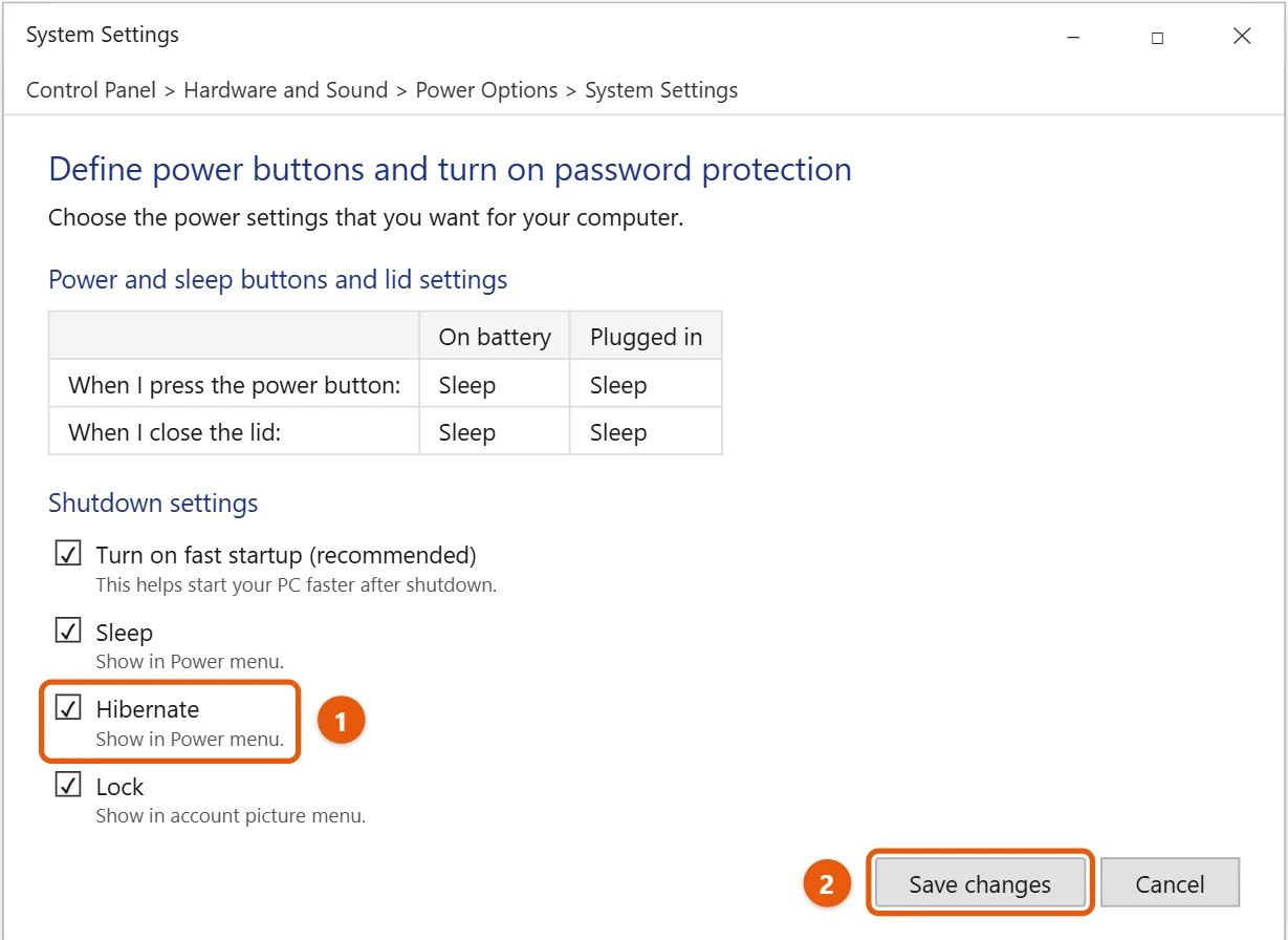 How to Hibernate Windows 10 (Turn Hibernate On or Off) 1 Windows 10 System Settings power button page with the Hibernate check box and Save changes highlighted