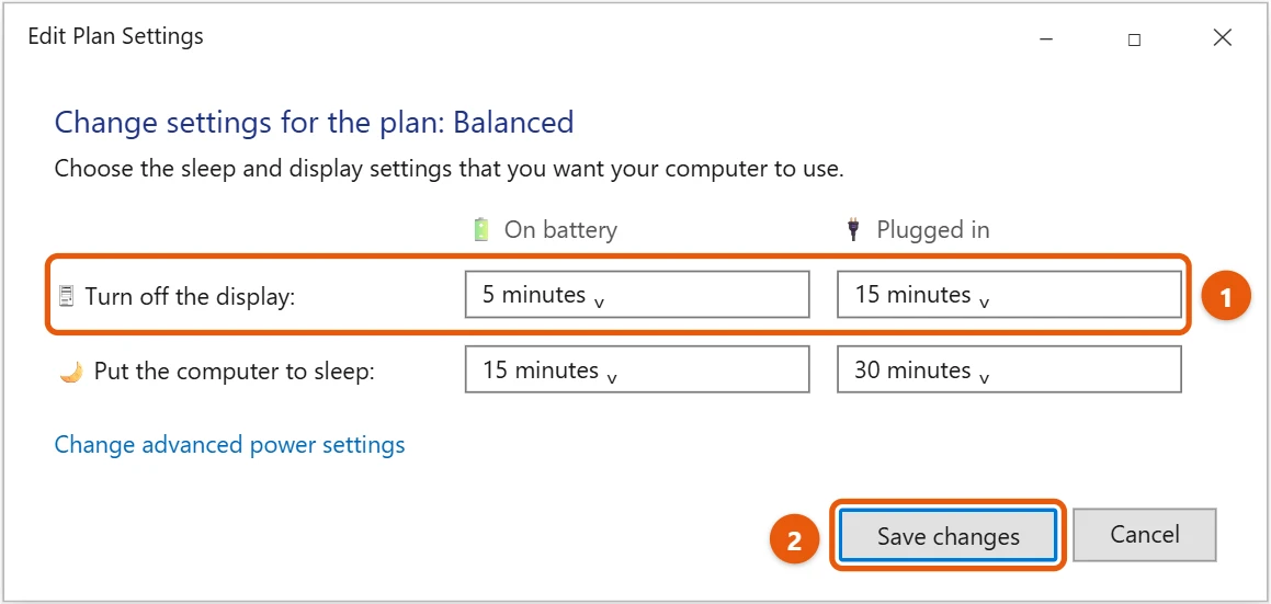 How to Change the Screen Timeout in Windows 10 2 Windows 10 Edit Plan Settings window with Turn off the display lists and Save changes highlighted