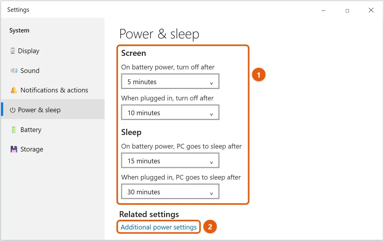 How to Change Power Settings in Windows 10 1 Windows 10 Settings Power and sleep page with the Screen and Sleep time settings and the Additional power settings link highlighted