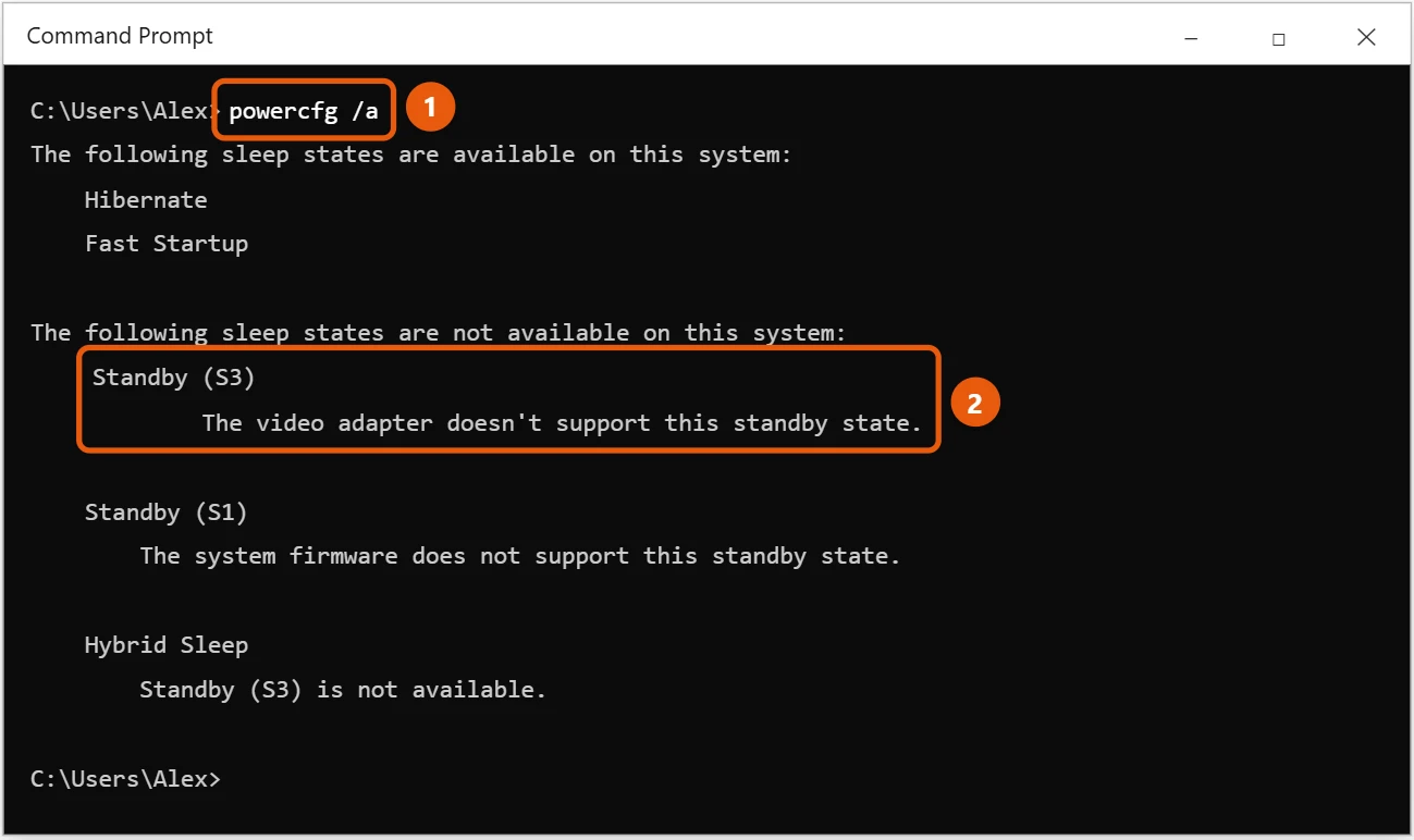 How to Add the Sleep Option in Windows 10 2 Windows 10 Command Prompt showing powercfg /a with the available sleep states and the reason sleep is unavailable highlighted