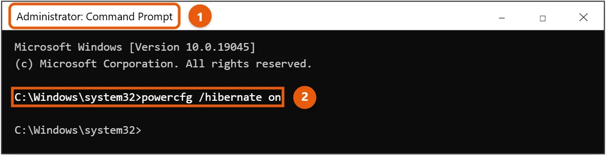 How to Hibernate Windows 10 (Turn Hibernate On or Off) 2 Windows 10 administrator Command Prompt with the powercfg hibernate on command highlighted