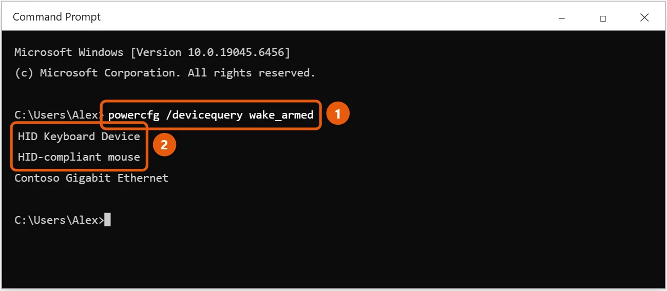 How to Wake Up Windows 10 from Sleep 2 Windows 10 Command Prompt showing powercfg devicequery wake_armed results with the keyboard and mouse highlighted