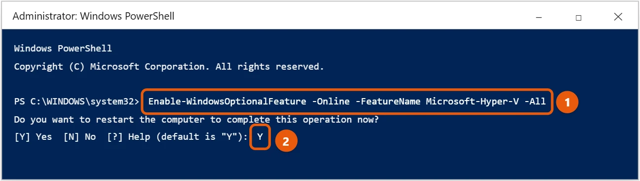 How to Enable Hyper-V in Windows 10 2 Windows 10 PowerShell as administrator running the Enable-WindowsOptionalFeature command for Hyper-V