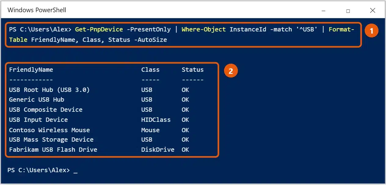 How to See Connected USB Devices in Windows 10 2 Windows 10 PowerShell window listing connected USB devices with Get-PnpDevice