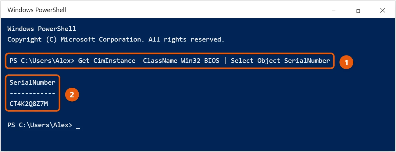 How to Find the Serial Number on Windows 10 2 Windows PowerShell showing the Get-CimInstance Win32_BIOS command and the serial number result